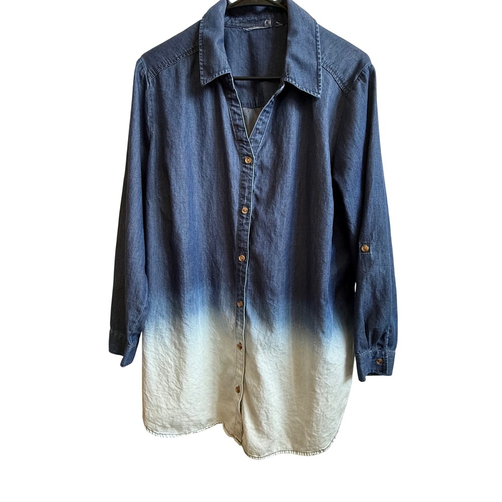 QVC Blue Ombre Dip Dye Chambray Button Down Tunic Shirt Long Sleeve 1X